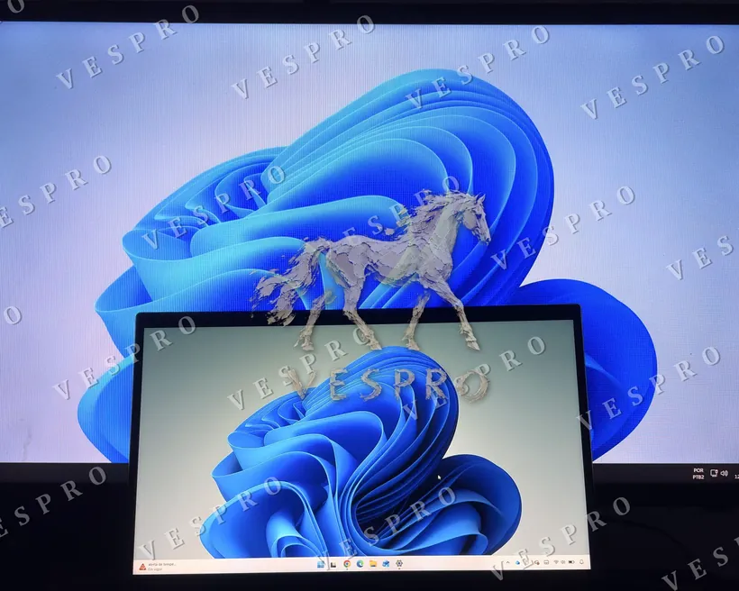 Laptop and monitor with the default Windows wallpaper