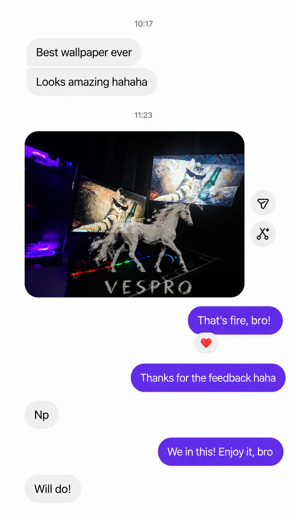 Customer conversation: shares their gaming setup and calls it the best wallpaper ever
