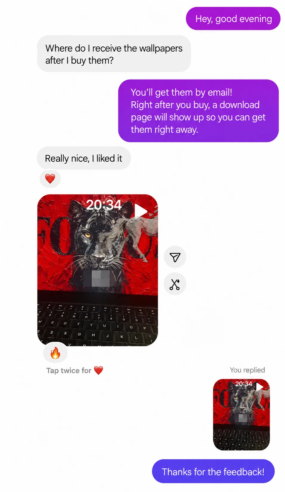 Customer conversation: asks how the wallpapers are delivered and shares a laptop lock screen