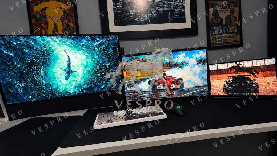 Customer photo: three-monitor setup with VESPRO wallpapers