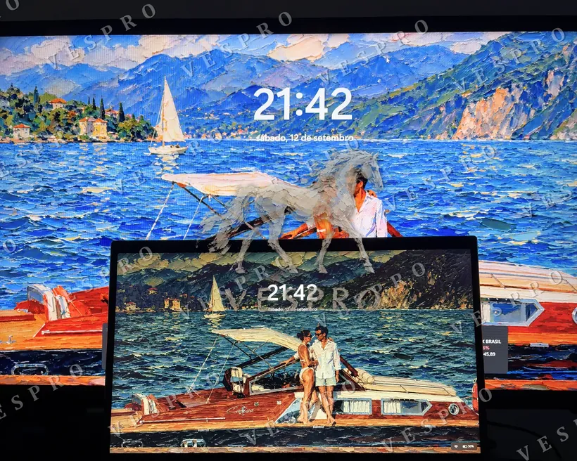 The same laptop and monitor with an impasto oil painting wallpaper
