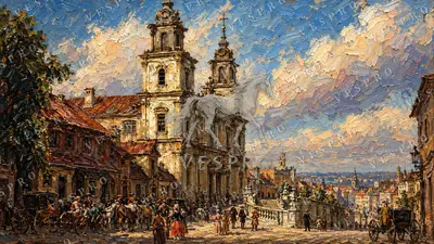 Baroque Church on a European Street, oil painting wallpaper