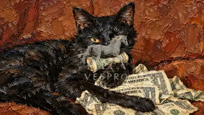 Black Cat on a Pile of Money, oil painting wallpaper