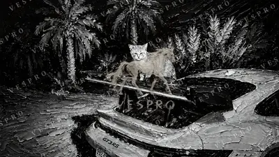 Cat on the GT3 RS Noir, oil painting wallpaper