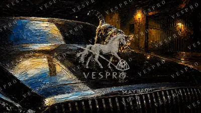 Cat on the Maybach, oil painting wallpaper