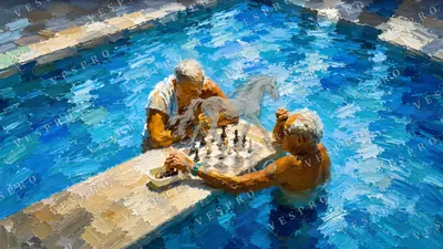 Chess in the Pool, oil painting wallpaper