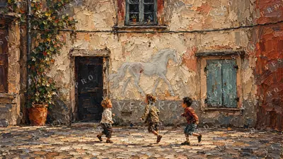 Children Playing Ball in a Village Square, oil painting wallpaper