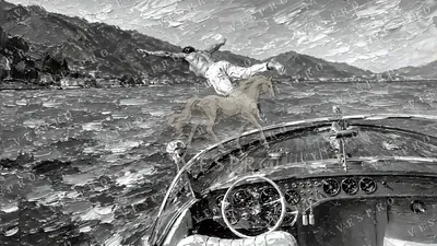 Diving from a Classic Boat Noir, oil painting wallpaper
