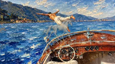 Diving from a Classic Boat, oil painting wallpaper