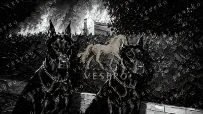 Dobermans Before the Fire Noir, oil painting wallpaper