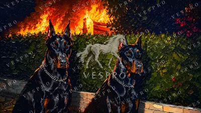 Dobermans Before the Fire, oil painting wallpaper