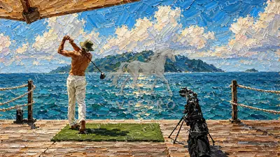 Golf Swing on the Pier, oil painting wallpaper