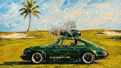 Green 911 with a Golf Bag, oil painting wallpaper