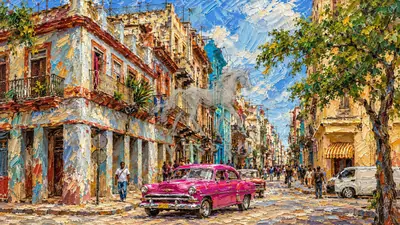 Havana Street with Classic Cars, oil painting wallpaper