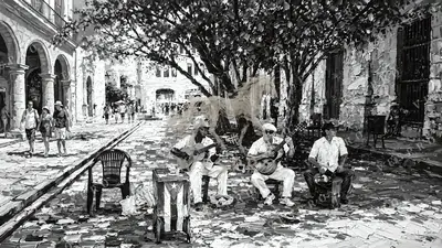 Havana Street Musicians Noir, oil painting wallpaper