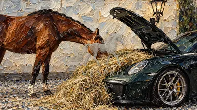 Horse Eating Hay from a 911, oil painting wallpaper