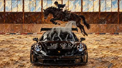 Horse Jumping over a Sports Car, oil painting wallpaper
