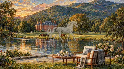 Lake House Deck at Golden Hour, oil painting wallpaper