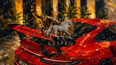Leopard on the Red Porsche, oil painting wallpaper