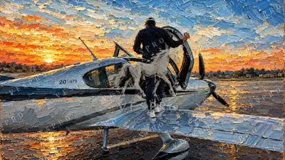 Light Plane at Sunset, oil painting wallpaper