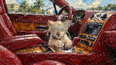 Lion Cub in a Classic Car, oil painting wallpaper