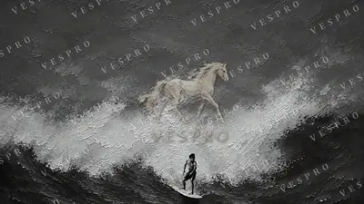 Lone Surfer on a Blue Wave Noir, oil painting wallpaper