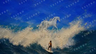 Lone Surfer on a Blue Wave, oil painting wallpaper