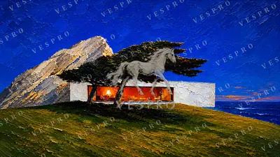 Modern House Under a Cypress, oil painting wallpaper