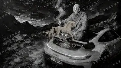 Monk Pouring Tea on a GT3 RS Noir, oil painting wallpaper