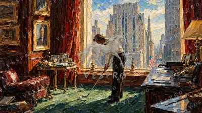Office Golf with a New York View, oil painting wallpaper