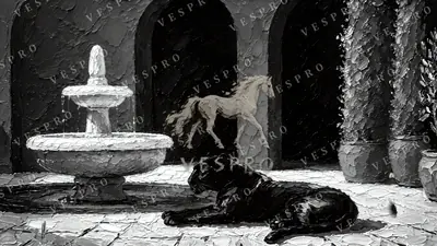 Panther by the Fountain Noir, oil painting wallpaper