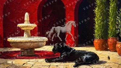 Panther by the Fountain, oil painting wallpaper