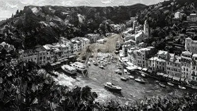 Portofino Harbour Noir, oil painting wallpaper