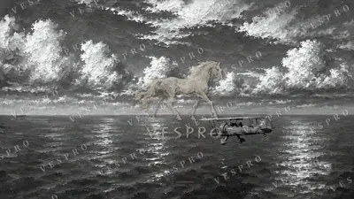 Red Seaplane over the Ocean Noir, oil painting wallpaper