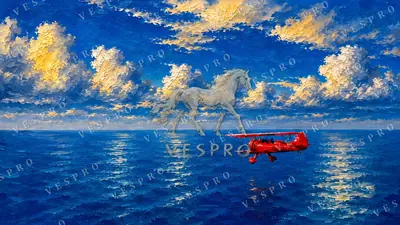 Red Seaplane over the Ocean, oil painting wallpaper