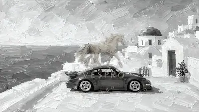 Red Sports Car in Santorini Noir, oil painting wallpaper
