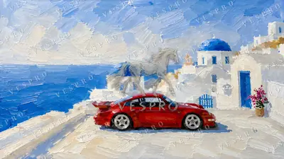 Red Sports Car in Santorini, oil painting wallpaper