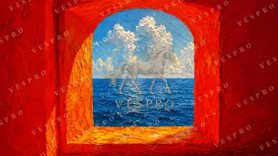 Red Window to the Sea, oil painting wallpaper