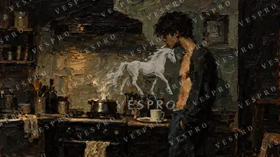 Rustic Kitchen at Dusk, oil painting wallpaper