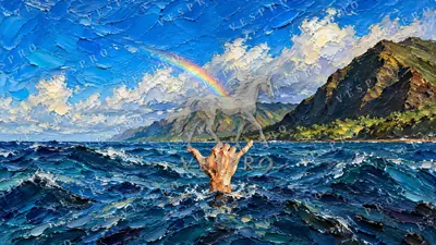 Shaka Sign Under a Rainbow, oil painting wallpaper