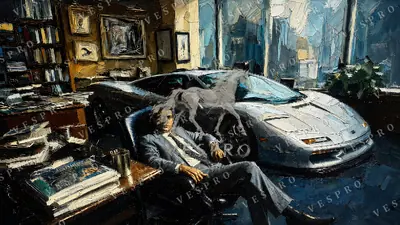 Silver Supercar in the Office, oil painting wallpaper