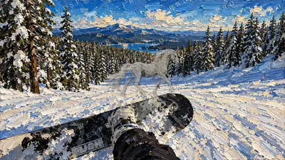 Snowboard Run in First Person, oil painting wallpaper