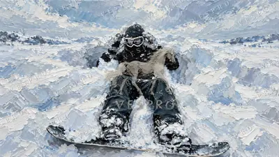 Snowboarder in Deep Powder, oil painting wallpaper
