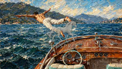 Speedboat Dive on the Mountain Lake, oil painting wallpaper