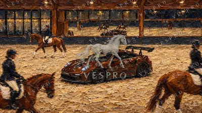 Sports Car in the Riding Arena, oil painting wallpaper