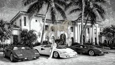 Supercars at the Palm Mansion Noir, oil painting wallpaper