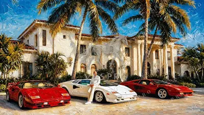 Supercars at the Palm Mansion, oil painting wallpaper