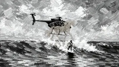 Surfer and the Helicopter Noir, oil painting wallpaper