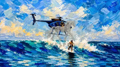 Surfer and the Helicopter, oil painting wallpaper