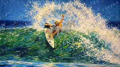Surfer Carving the Wave, oil painting wallpaper